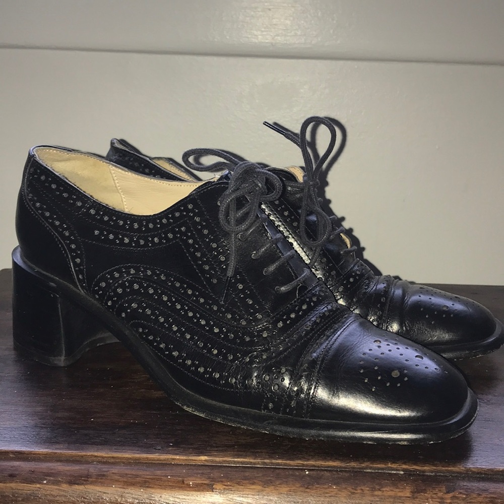 Heeled oxfords, lace-up, black leather size 37.5